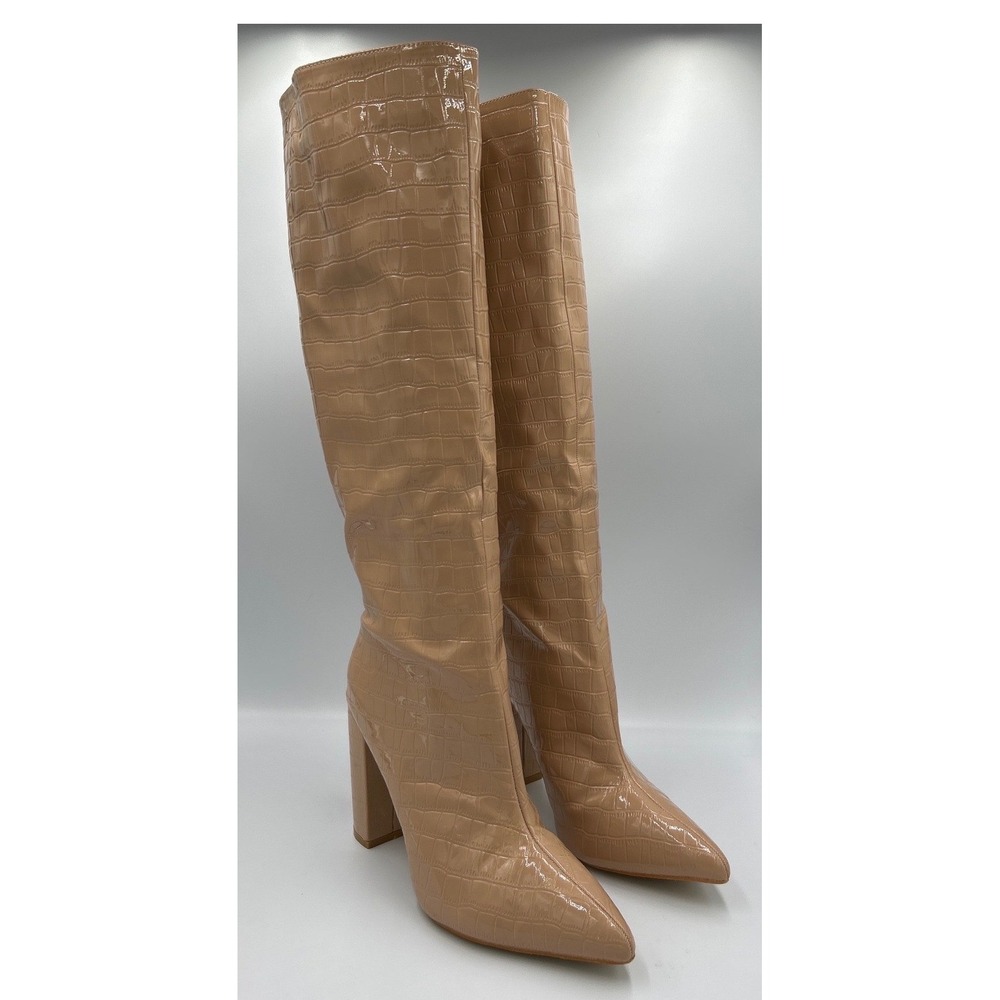 Beige Croc Embossed Patent Knee‎ High Boots Block Heel Pointed Toe Size 39